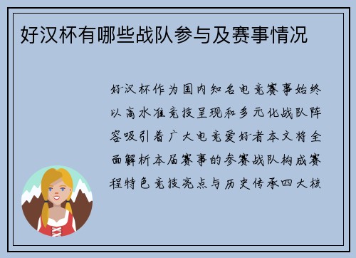 好汉杯有哪些战队参与及赛事情况