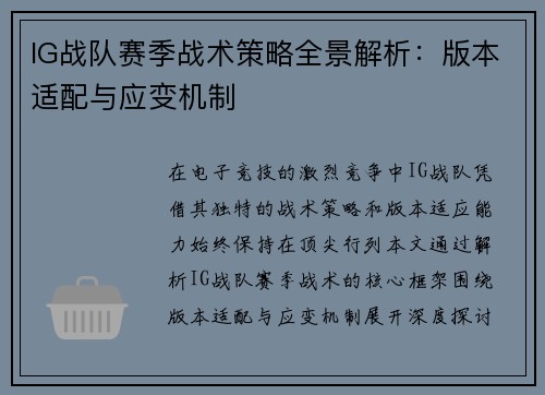 IG战队赛季战术策略全景解析：版本适配与应变机制