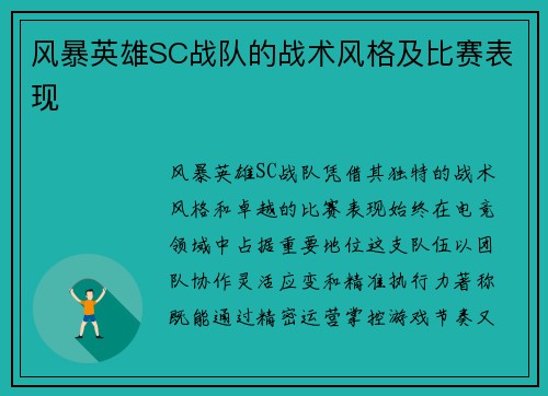 风暴英雄SC战队的战术风格及比赛表现